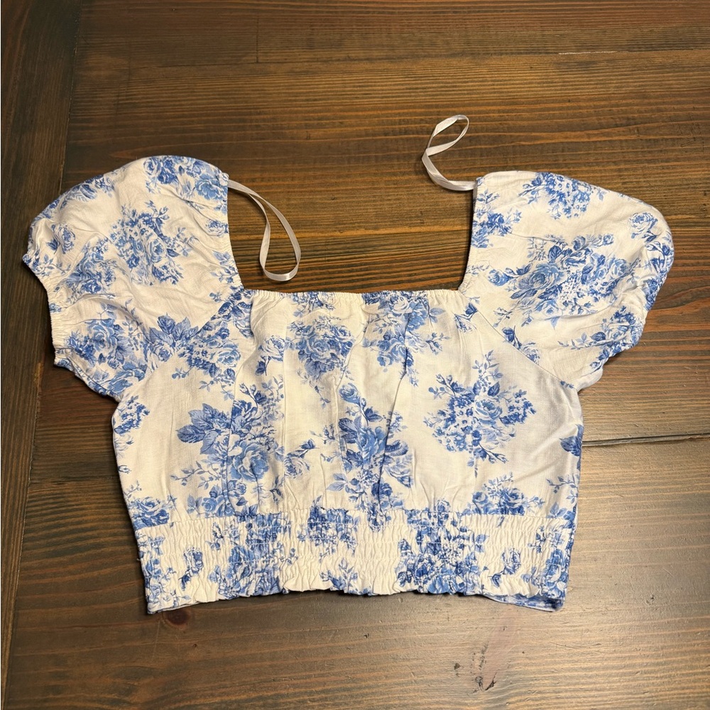 Monteau Blue Floral Off-Shoulder Crop Top - Picture 5 of 5